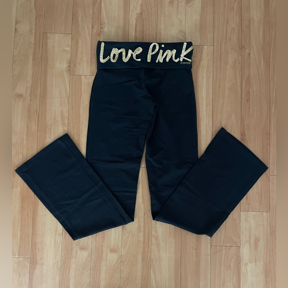 PINK Victoria Secret Gold Sequined “Love Pink” Bling Fold Over Yoga Leggings XS
